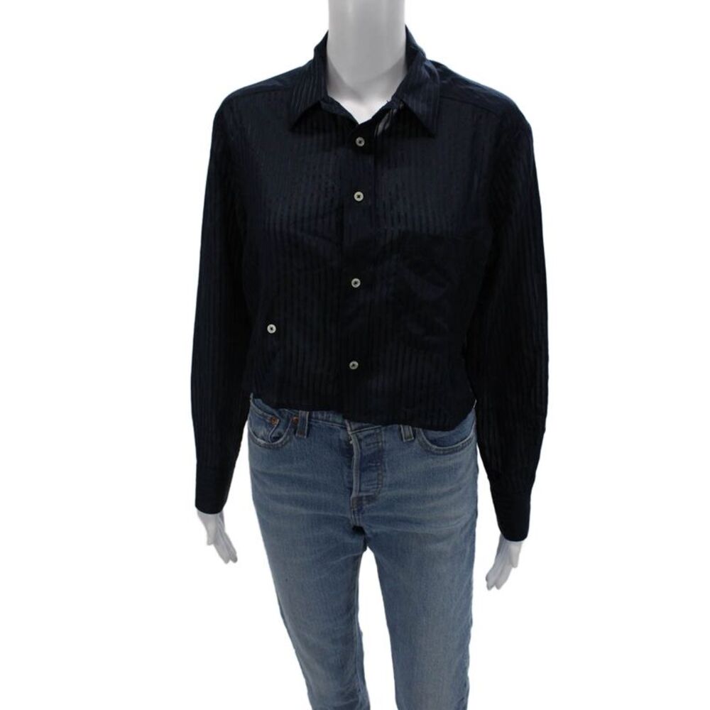 Cissa Womens Cropped Striped Button-Up Collared Long Sleeve Dark Blue Size XS